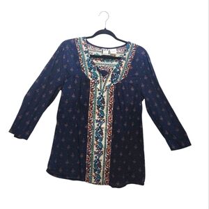 Take Two Clothing Co. Cotton Boho Peasant 3/4 Sleeve Navy Red Pullover Blouse L